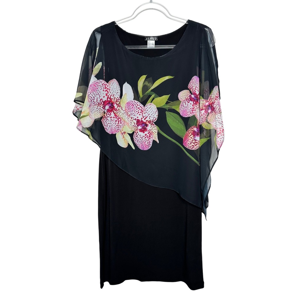 Venus Overlay Sheath Dress Size L Black Floral Orchid Chiffon Capelet Knit